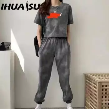 IHUASU Casual and Fashionable Women s Suit for Summer, Non-mainstream Summer Style, Two-piece Set of Sportswear for Women M серый
