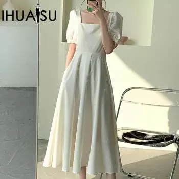 IHUASU черное платье женское летнее французское ретро-стиль с квадратным воротником на талии длинное маленькое черное платье в стиле Herben S