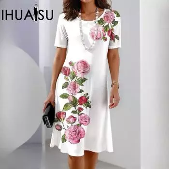 IHUASU Цветочный принт Модные повседневные свободные женские платья большого размера с круглым вырезом S чёрный