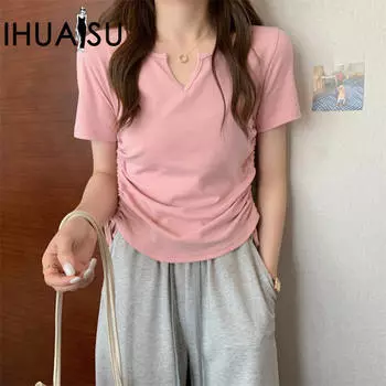 IHUASU Design Sense облегающая футболка с v-образным вырезом и шнурком Pure Wind с короткими рукавами, женская летняя однотонная студенческая верхняя тенденция M чёрный