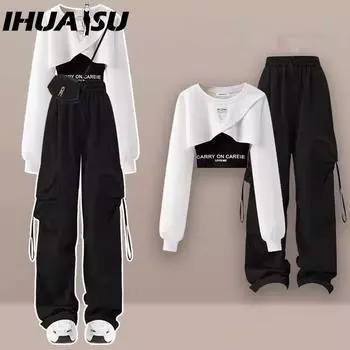 IHUASU Dopamine Cool и Cool Salt Style Girl Крутые и стильные уличные рабочие брюки, костюм для горячей девушки, школьная форма, толстовка с капюшоном из трех частей S