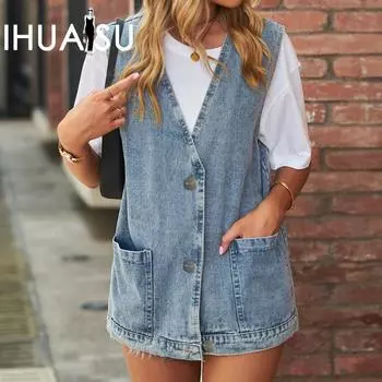 IHUASU Джинсовый жилет на плечо Модные джинсовые жилеты без рукавов S светло-синий