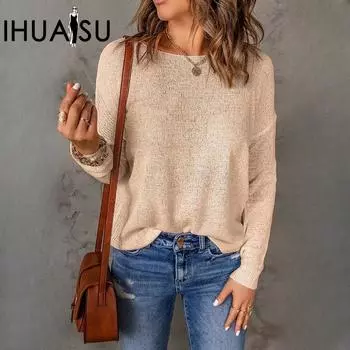 IHUASU Осенне-зимний свитер с длинными рукавами, женский повседневный универсальный свитер с круглым вырезом, топы S чёрный