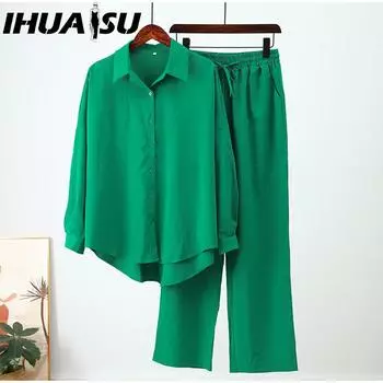 IHUASU Fashion Autumn and Winter Loose Stretch Wrinkled Long-sleeved Shirt Wide-leg Pants Casual Set for Women s Two-piece Set S белый