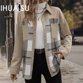 IHUASU Модная клетчатая куртка с длинными рукавами и лацканами, однобортная универсальная повседневная куртка для женщин на осень и зиму S хаки