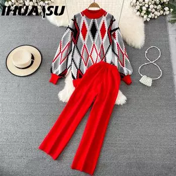 IHUASU Fashion Set Women s Autumn Winter Long-sleeved Loose Checked Sweater Two-piece Set High-waisted Slimming Knitted Straight-leg Wide-leg Pants One size красный