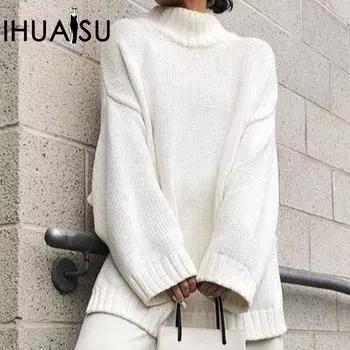 IHUASU Модный женский осенне-зимний пуловер с длинным рукавом, свободный свитер, однотонный вязаный свитер с высоким воротом S белый
