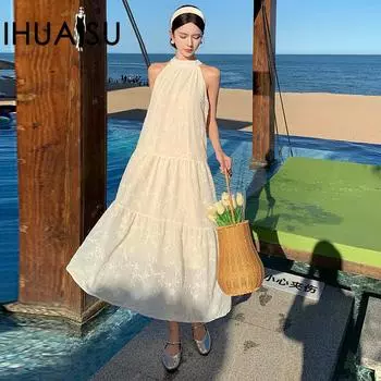 IHUASU французское ретро-бежевое белое платье без рукавов с открытыми плечами и открытыми плечами, женское летнее высококачественное темпераментное длинное платье