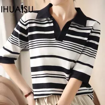 IHUASU Футболка из хлопка с воротником-поло и короткими рукавами, женская универсальная нижняя рубашка, джемпер, тонкие топы S белый/чёрный