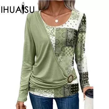 IHUASU Футболка с длинным рукавом в стиле пэчворк с однотонным принтом и осенним принтом S коричневый