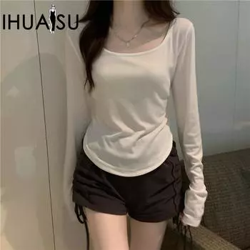 IHUASU футболка с длинными рукавами, женская осенне-зимняя футболка Tide Ins, тонкий студенческий повседневный короткий топ, базовая рубашка для девочек M чёрный