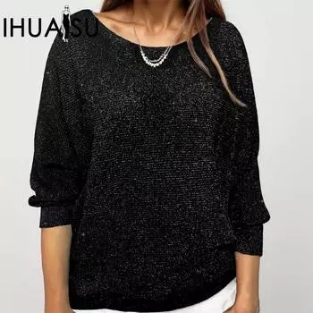 IHUASU Gold Glitter Knit Женский однотонный топ с длинными рукавами и круглым вырезом с баской S темно-синий