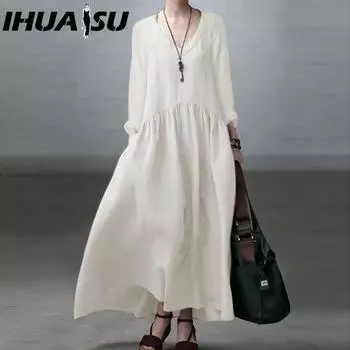 IHUASU Хлопковое Повседневное Женское Платье V-образный вырез Длинный рукав Повседневные платья S белый