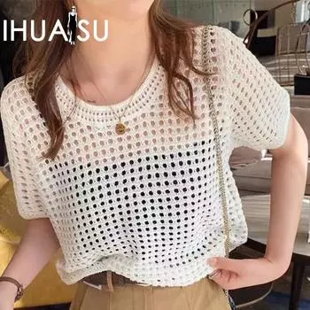 IHUASU Hollow Top Женская летняя трикотажная блузка с коротким рукавом и круглым вырезом из ледяного шелка, шикарные сетчатые топы One size белый