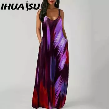 IHUASU Элегантное модное платье длиной до пола без рукавов с V-образным вырезом, простое женское летнее платье в стиле ретро с принтом, свободная талия, прямое платье S