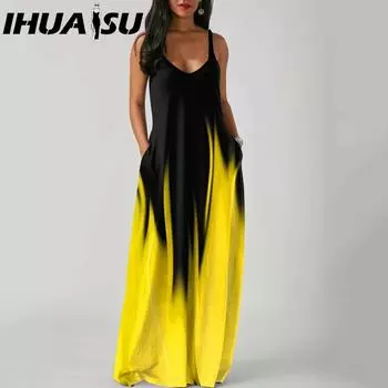 IHUASU Элегантное модное платье длиной до пола без рукавов с V-образным вырезом, простое женское летнее платье в стиле ретро с принтом, свободная талия, прямое платье S белый