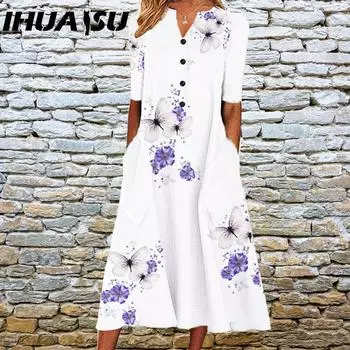 IHUASU Элегантные женские платья с V-образным вырезом, коротким рукавом, на пуговицах, вечернее платье, женское летнее винтажное платье с принтом, повседневные свободные цветочные женские платья S