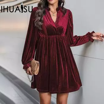 IHUASU Юбка с длинным рукавом в стиле пэчворк, осенние и зимние женские бархатные платья S бордовый