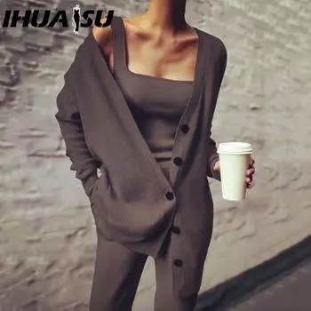 IHUASU Knitted Three-piece Summer Women s Coat, Vest and Trousers Set S чёрный