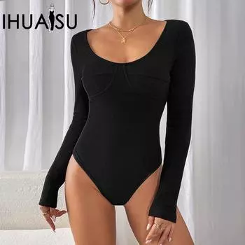 IHUASU Комбинезон с длинным рукавом, женский облегающий трикотажный комбинезон в полоску S чёрный