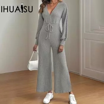 IHUASU Комбинезон с V-образным вырезом, завязками и рукавами «летучая мышь», однотонный комбинезон с широкими штанинами S серый