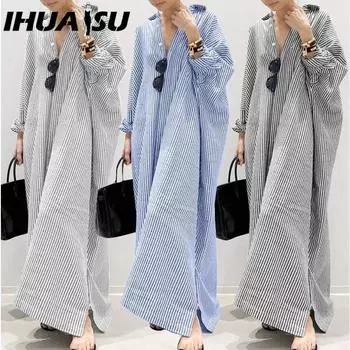 IHUASU Корейский стиль Женское длинное рукава на пуговицах Полосатая повседневная макси-рубашка платье S белый