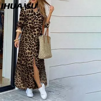 IHUASU Leopard Print Women s Fashion Skirt Slit Long Shirt Dress S серый