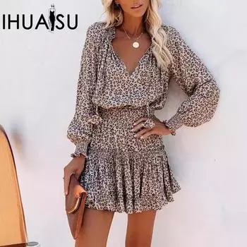 IHUASU Летнее цветное контрастное платье с длинными рукавами и v-образным вырезом с модным принтом на талии S