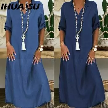 IHUASU Летнее джинсовое платье для женщин Повседневные весенние синие платья макси V-образный вырез рукав до локтя большие размеры длинные платья с разрезом M синий
