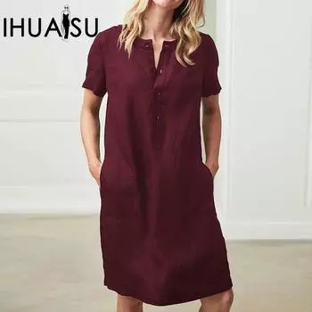 IHUASU Летнее хлопковое льняное однотонное свободное женское платье с короткими рукавами среднего возраста