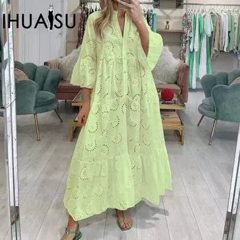 IHUASU летнее и осеннее французское кружевное длинное платье с v-образным вырезом и расклешенными рукавами, однотонное сексуальное женское платье