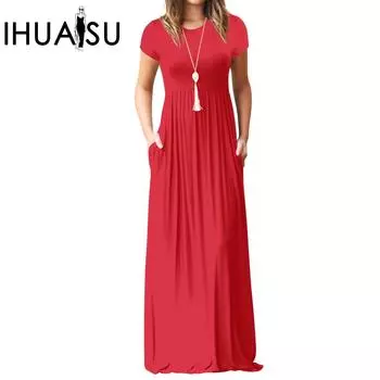 IHUASU, летнее и весеннее женское платье с коротким рукавом и круглым вырезом, повседневное качественное платье с высокой талией и карманами, длинная юбка S красный