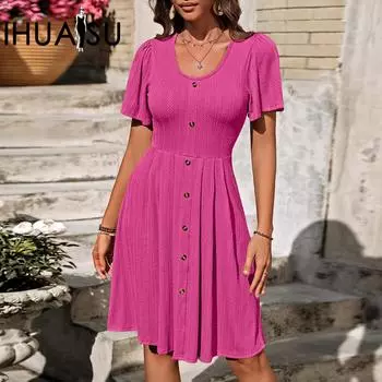 IHUASU летнее однотонное женское платье с принтом и v-образным вырезом на пуговицах, эластичное повседневное свободное платье с короткими рукавами S чёрный