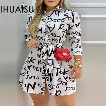 IHUASU Летнее повседневное свободное платье-рубашка с буквенным принтом и длинными рукавами S белый
