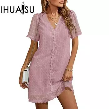 IHUASU Летнее повседневное свободное платье с v-образным вырезом и короткими рукавами в горошек