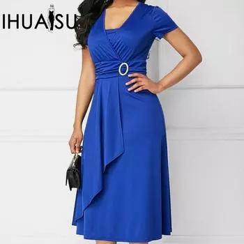 IHUASU летнее сексуальное неправильное распашное женское платье средней длины с v-образным вырезом и высокой талией, однотонное вечернее платье
