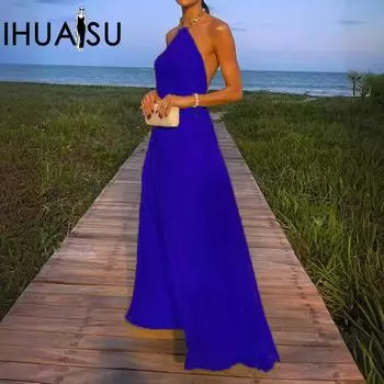 IHUASU Летнее сексуальное однотонное платье с бретелькой на шее, открытой спиной и длиной до пола S чёрный