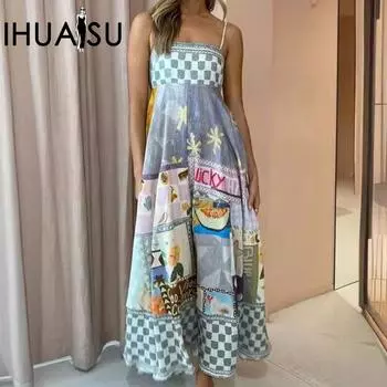 IHUASU летнее сексуальное женское платье с большим принтом и бретельками на шее S серый