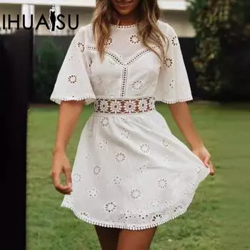 IHUASU летнее сексуальное женское платье из искусственного хлопка с открытой спиной и кисточками S белый