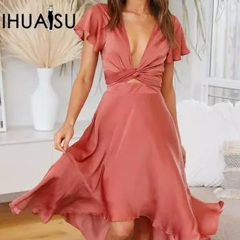 IHUASU летнее сексуальное женское платье с v-образным вырезом и короткими рукавами, нерегулярное платье-юбка S