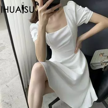 IHUASU летнее винтажное маленькое черное платье в стиле Herben для женщин с квадратным воротником и талией для толстой сестры S белый