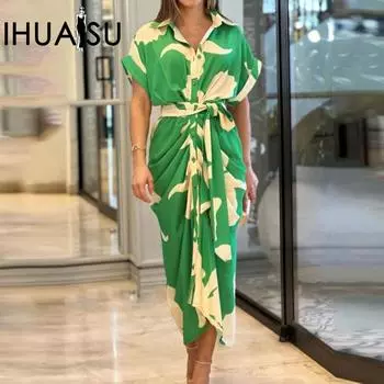 IHUASU летнее женское длинное платье-рубашка с короткими рукавами и лацканами с принтом и высокой талией S зелёный