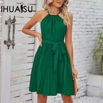 IHUASU летнее женское новое плиссированное мини-платье без рукавов со шнуровкой и бретельками S чёрный
