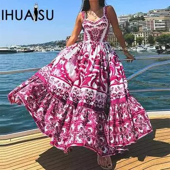 IHUASU летнее женское платье богемное элегантное легкое роскошное платье средней длины с принтом на шее S