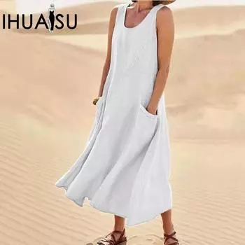 IHUASU Летнее женское платье из хлопка и льна без рукавов с круглым вырезом и карманами