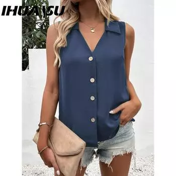 IHUASU Летнее женское платье, однотонное, с V-образным вырезом, свободная шифоновая рубашка, без рукавов, жилет с застежкой на пуговицы, женская рубашка S белый