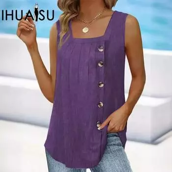 IHUASU летнее женское платье плиссированный квадратный воротник без рукавов жилет на пуговицах «ласточкин хвост» женский S серый