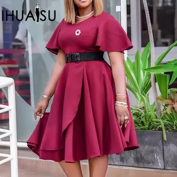 IHUASU Летнее женское платье с поясом и расклешенными рукавами, однотонное платье больших размеров с v-образным вырезом и высокой талией S жёлтый