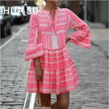 IHUASU Летнее женское платье с v-образным вырезом и принтом, юбка в геометрическую полоску, разноцветные, разные размеры, в наличии S розовый