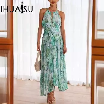 IHUASU Летнее женское платье в полный рост без рукавов с v-образным вырезом и принтом S зелёный